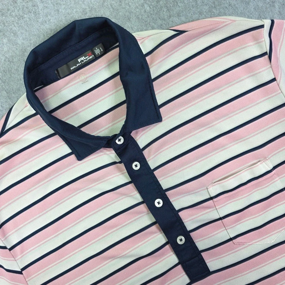 RLX Ralph Lauren Men's Large Pink Navy Striped Golf Polo Shirt Short Sleeve